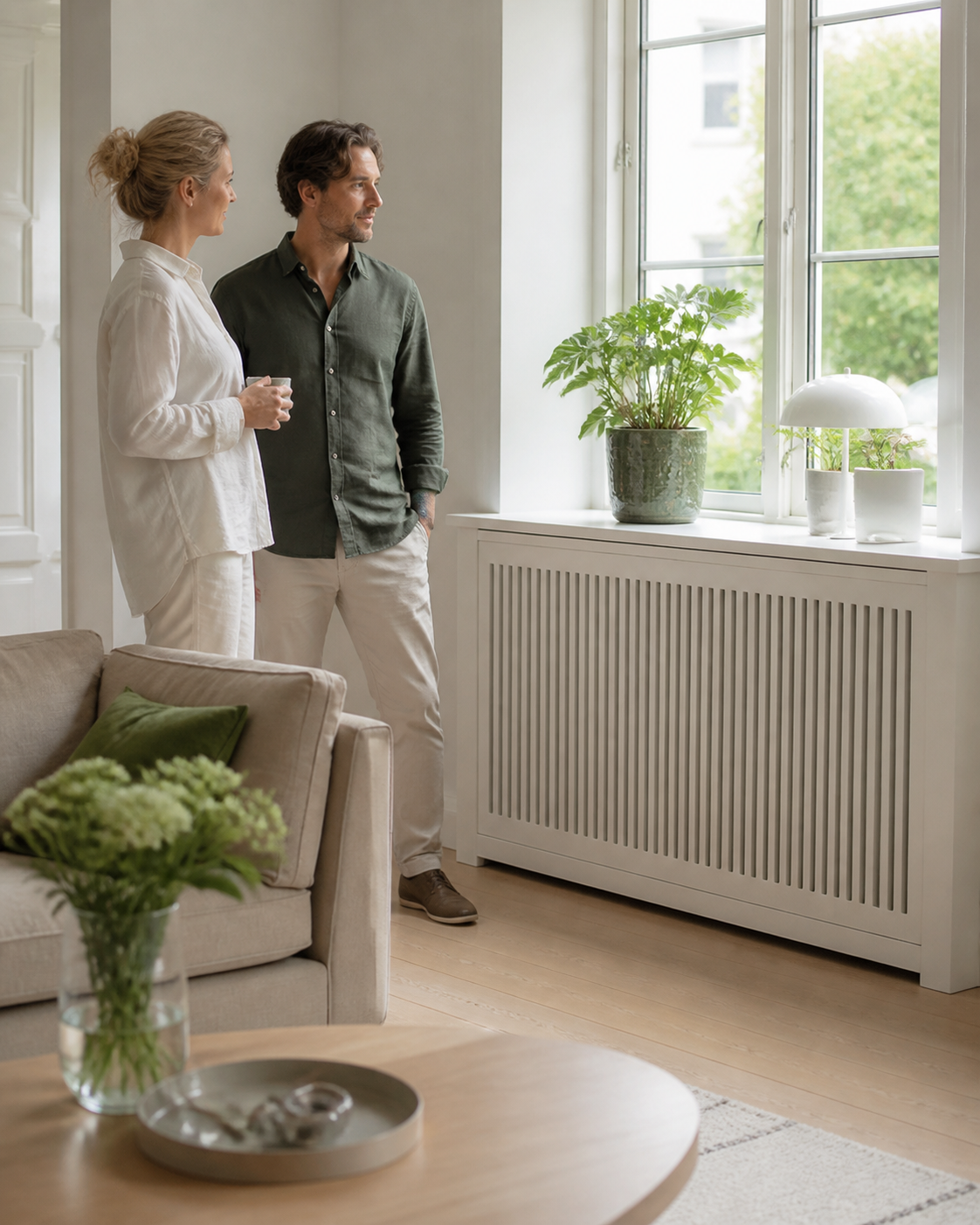 Par i et lyst hjem med hvid radiatorskjuler
