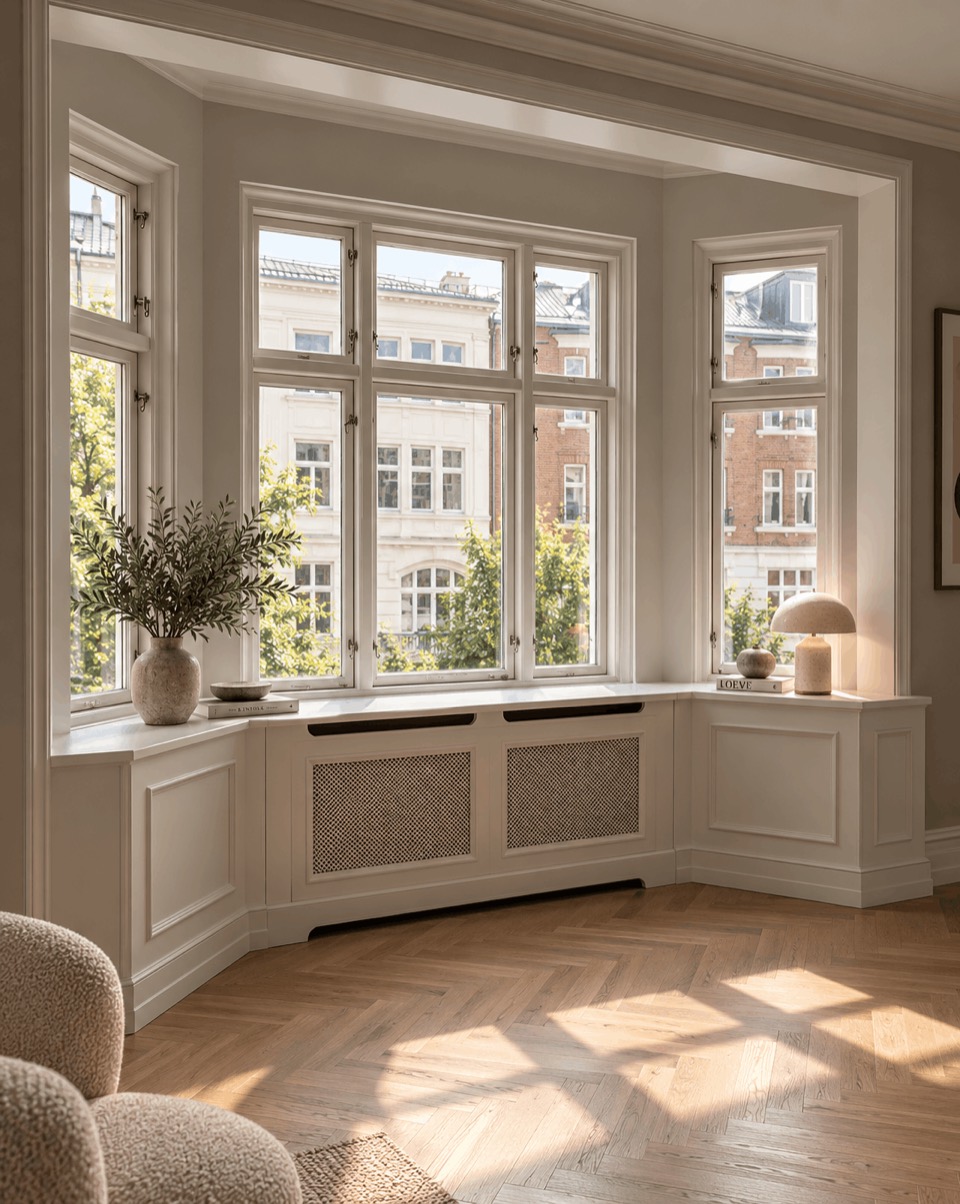 Radiatorskjuler under brede vinduer i en lys stue
