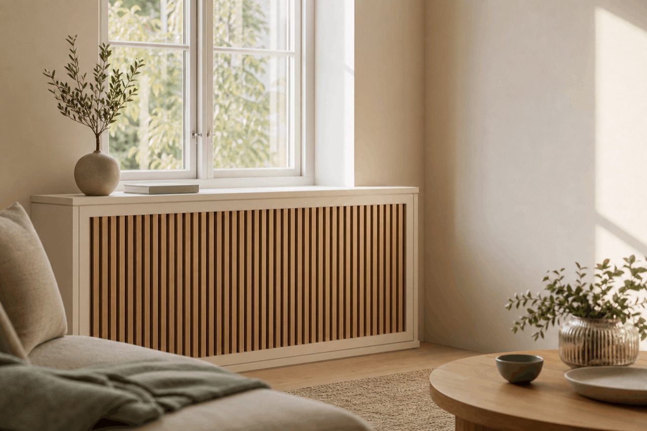 Radiatorskjuler med lyse sider og træfarvede lameller i en stue
