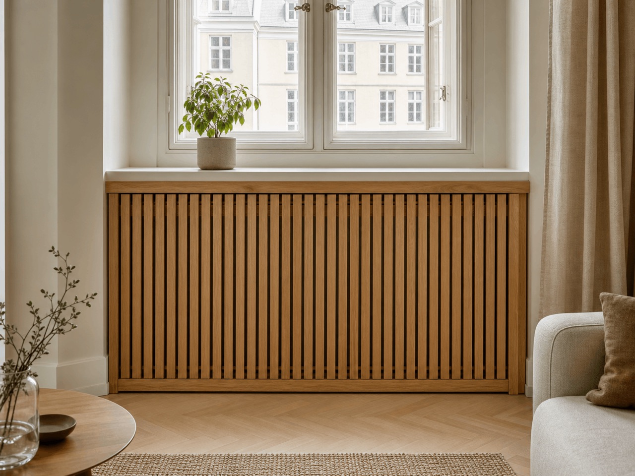 Træfarvet radiatorskjuler med lodrette lameller under et vindue